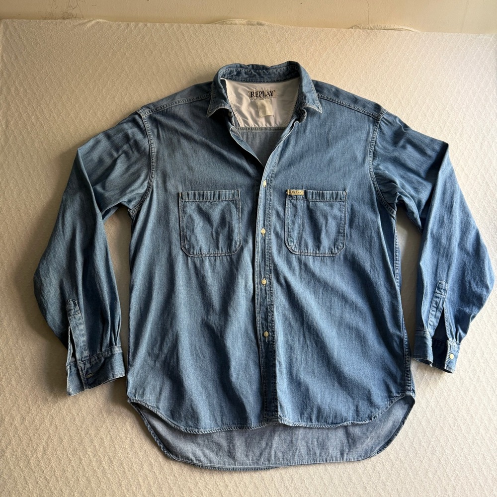 Vintage Replay Denim Button Down Shirt Workwear Blue Cotton Gorpcore XL Italy